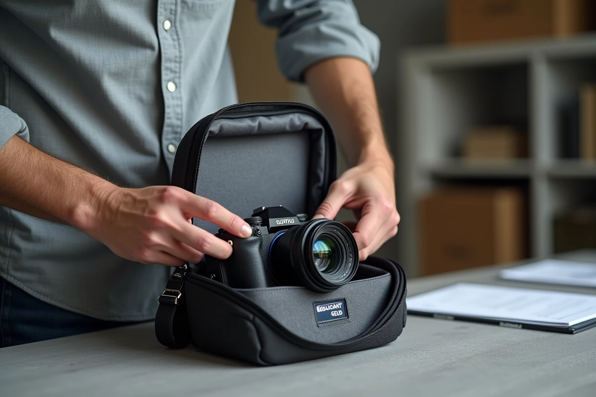 Photographe rangeant son Fujifilm X-T20 dans un sac photo rembourré pour le protéger et prolonger sa durée de vie