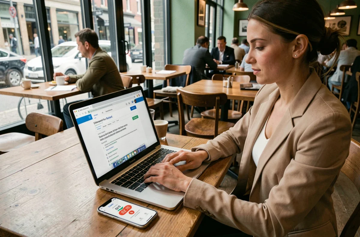 Jeune femme recherchant sur internet comment identifier un numéro en 02 70 depuis un café