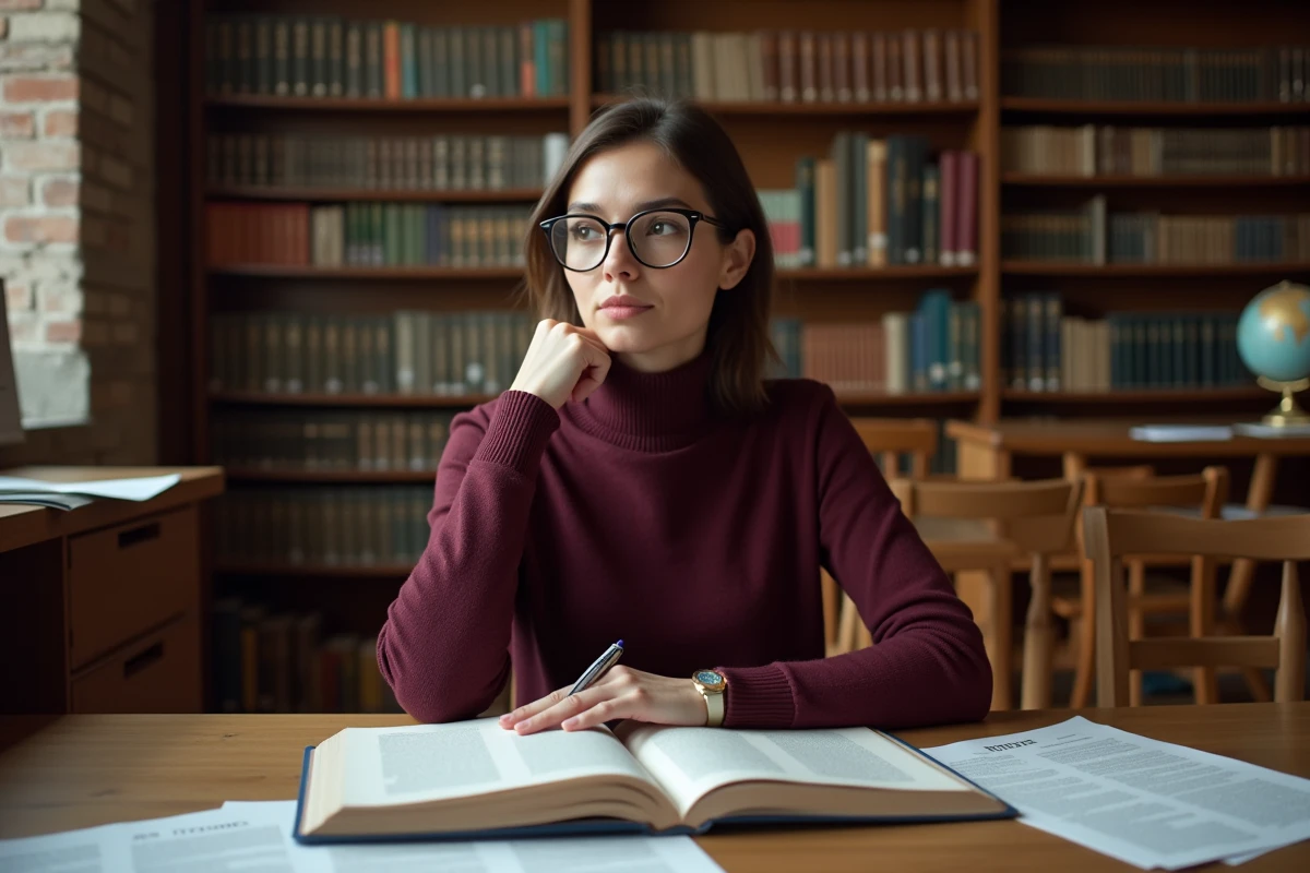 Femme intellectuelle lisant et annotant des documents dans une bibliothèque universitaire, représentant la réflexion critique sur les notions de wokisme, politiquement correct et militantisme