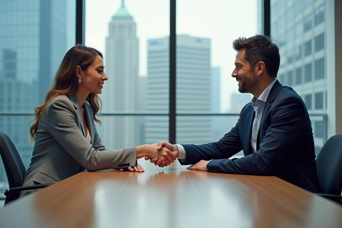 Deux professionnels se serrant la main dans une salle de réunion moderne