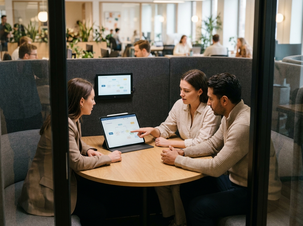 Équipe en réunion dans une cabine acoustique d'un espace de coworking collaboratif en périphérie de Rennes