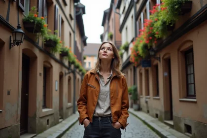 Femme explorant une ruelle médiévale insolite de la Petite France à Strasbourg