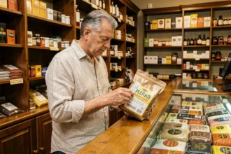 Homme examinant un seau de tabac 1kg dans un estanco espagnol avec étiquette de prix visible