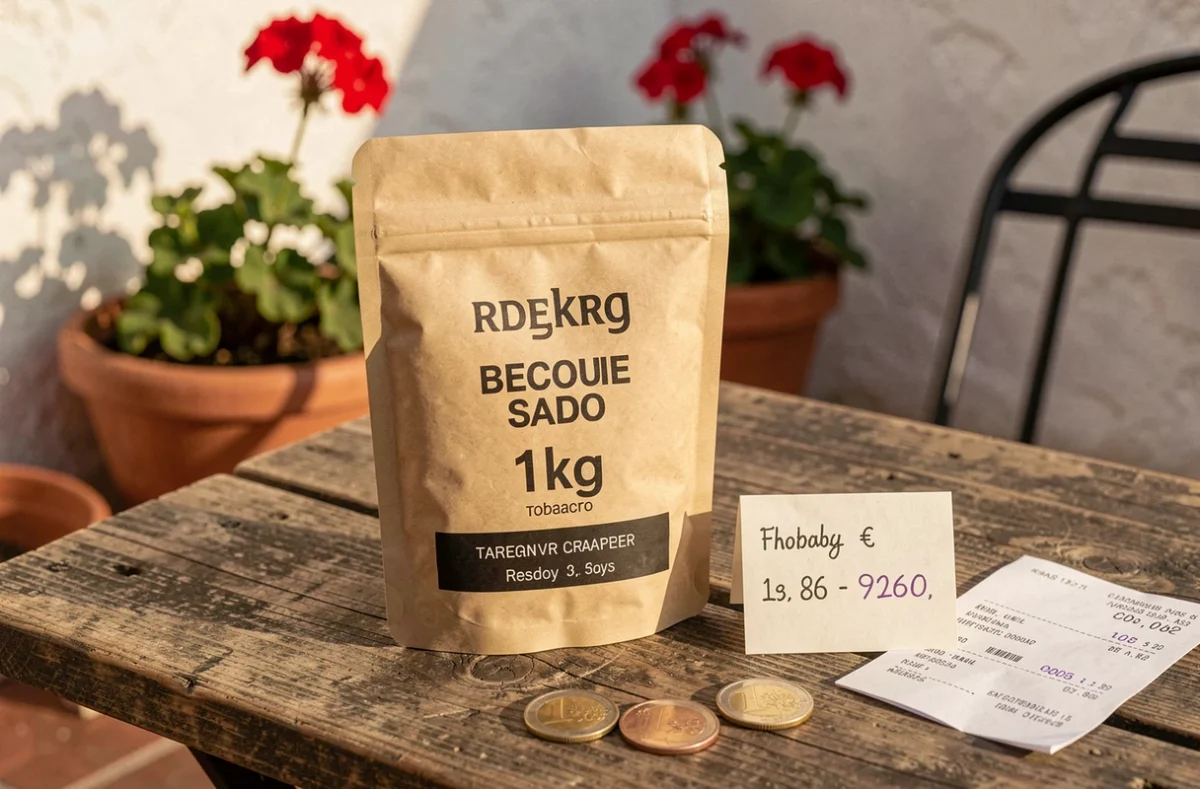 Seau de tabac 1kg posé sur une table de terrasse espagnole avec comparaison de prix en euros et pièces de monnaie
