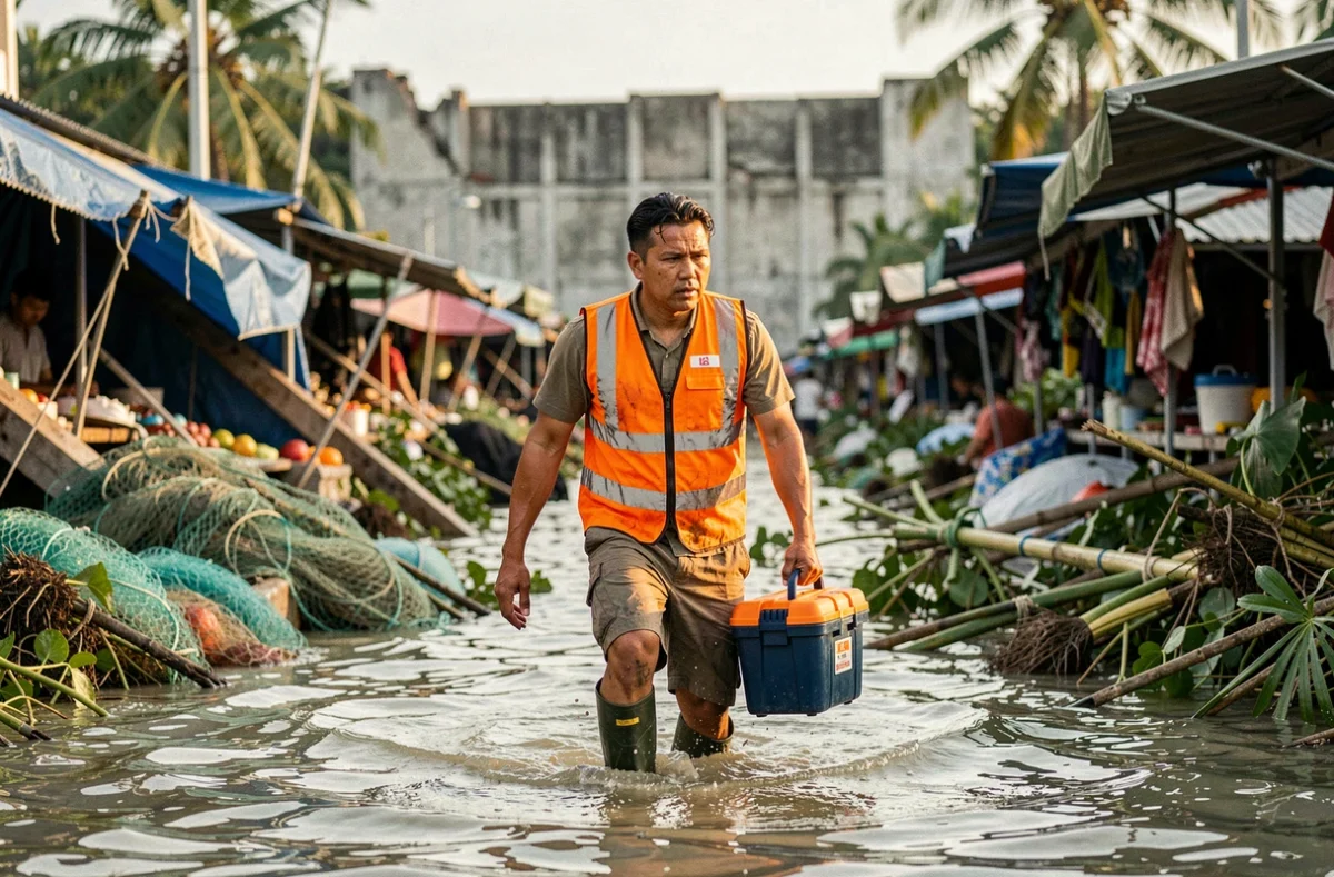 Secouriste thaïlandais en gilet orange traversant les eaux boueuses dans les rues inondées de Phuket après le tsunami