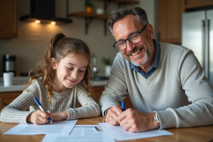 Un beau père souriant signe des papiers avec sa belle fille à la cuisine