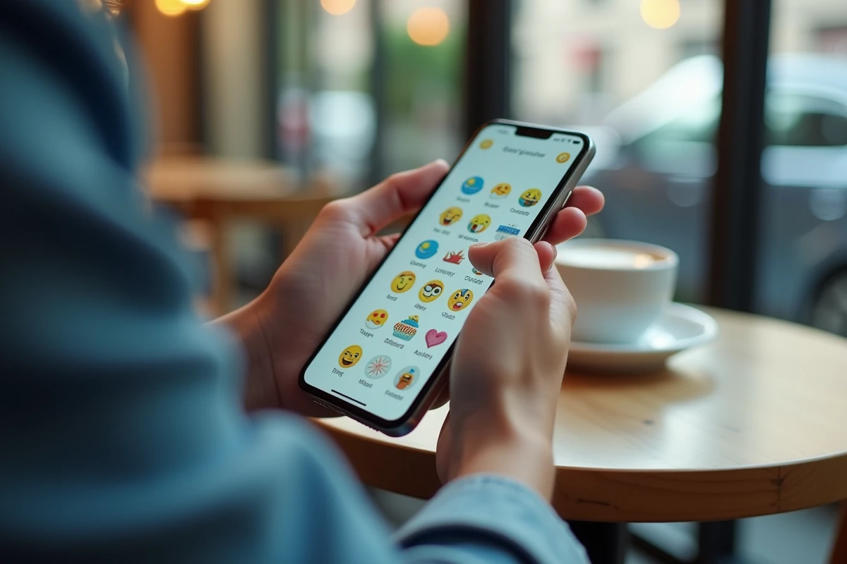 Smartphone affichant une banque d'images de smileys anniversaire rigolos prête à télécharger dans un café