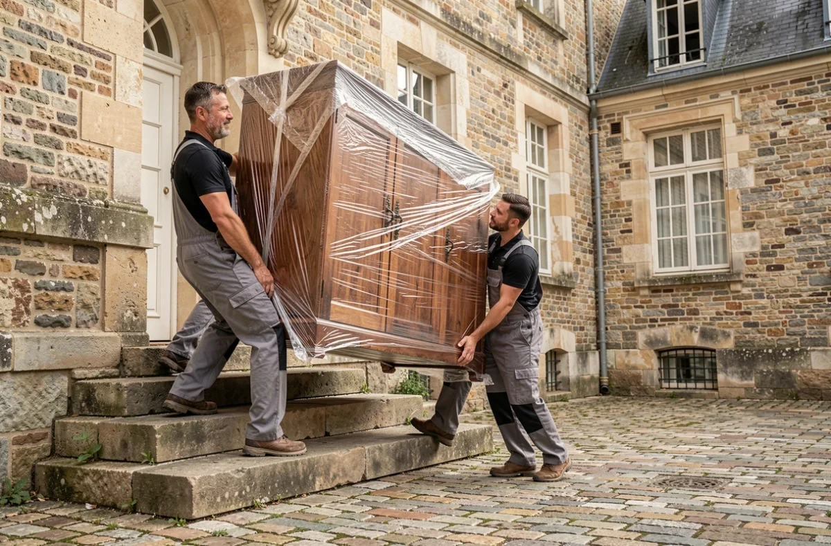 Deux déménageurs de la société Michel et Alex Martin portant une armoire dans une demeure traditionnelle