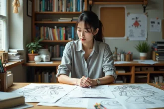 Artiste japonaise dans un studio d'animation travaillant sur des storyboards de la saison 2 de Tengoku Daimakyou