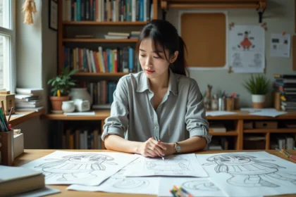 Artiste japonaise dans un studio d'animation travaillant sur des storyboards de la saison 2 de Tengoku Daimakyou