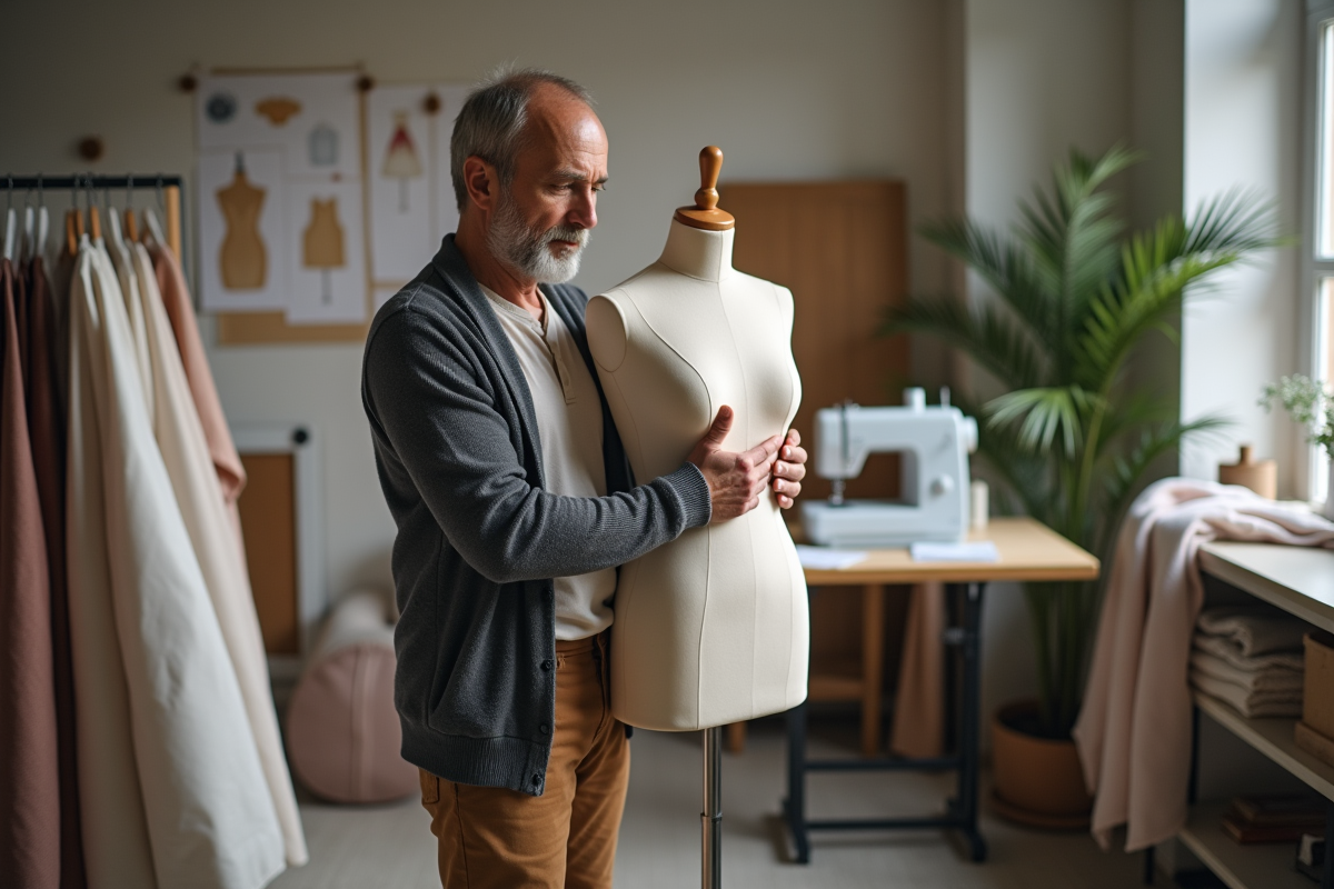 Styliste homme ajustant un prototype en atelier textile