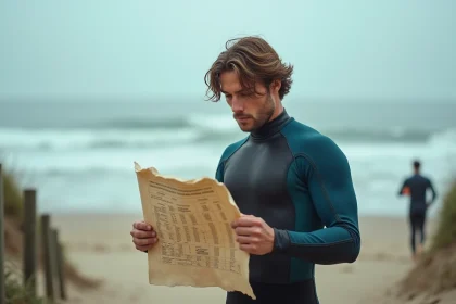 Surfeur consultant un horaire des marées sur une plage d'Anglet avant de surfer
