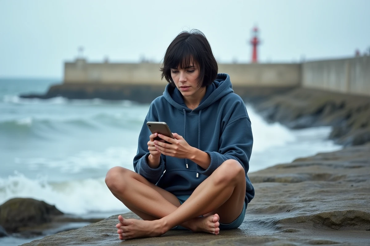 Surfeuse consultant l'application marées sur smartphone depuis la jetée d'Anglet