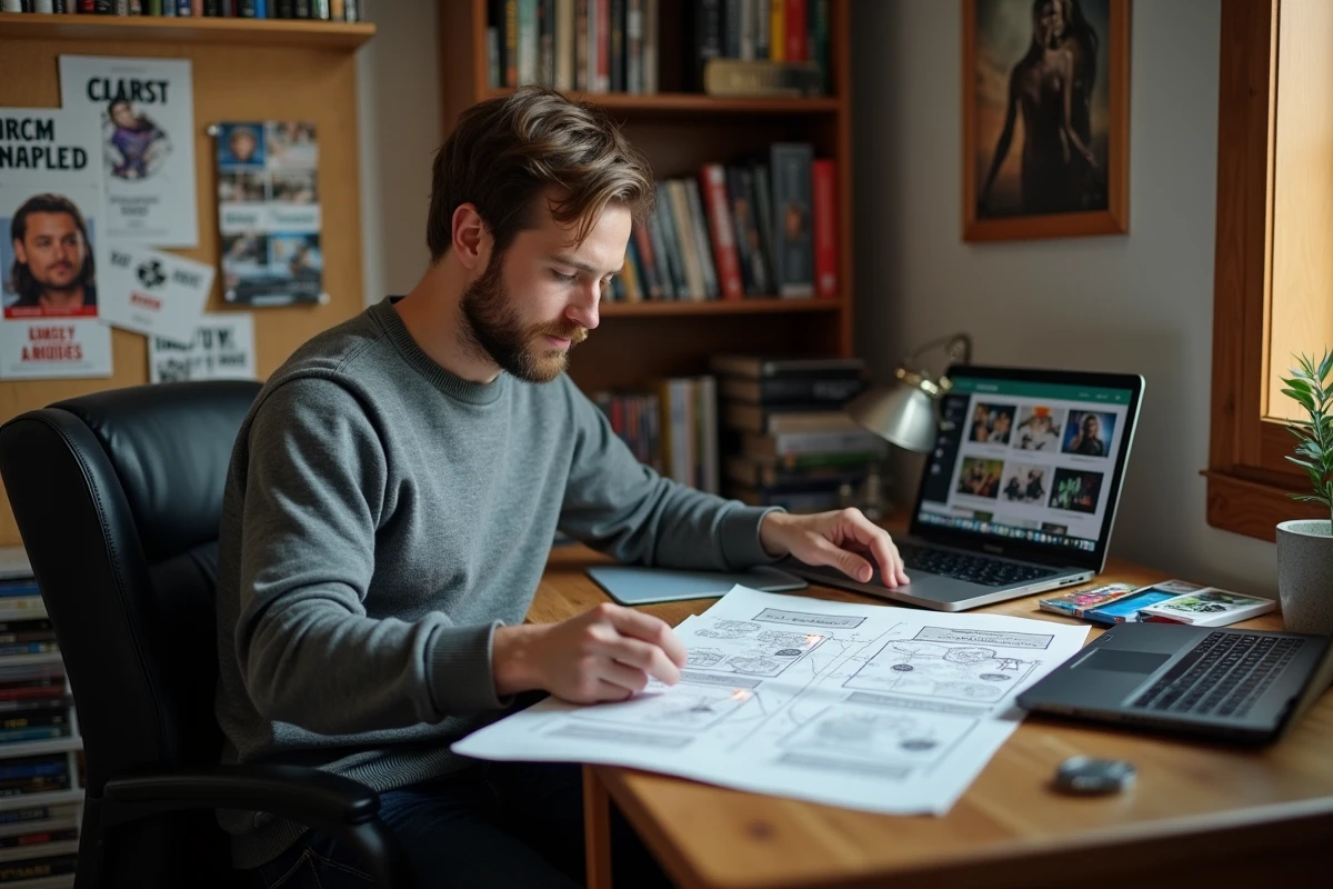 Homme organisant une timeline des films Resident Evil cinéma et CGI sur un bureau encombré de DVD et notes manuscrites
