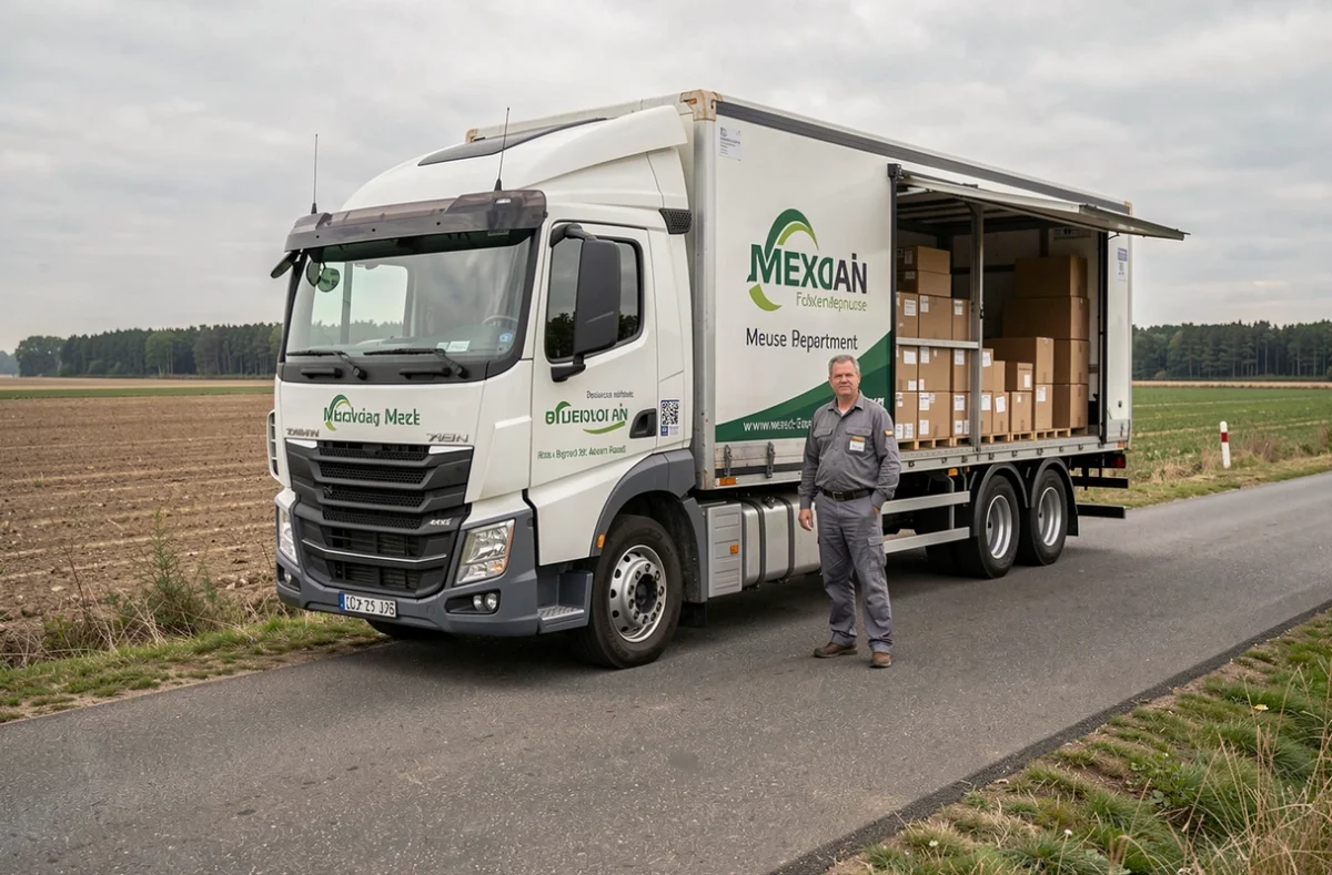 Chauffeur des Transports Déménagements Bauchot devant son camion sur une route de la Meuse
