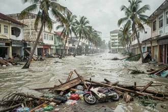 Vue aérienne d'une ville côtière de Phuket inondée après le tsunami de 2026, rues dévastées et bâtiments endommagés