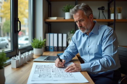 Urbaniste homme examinant des plans d'urbanisme dans son bureau