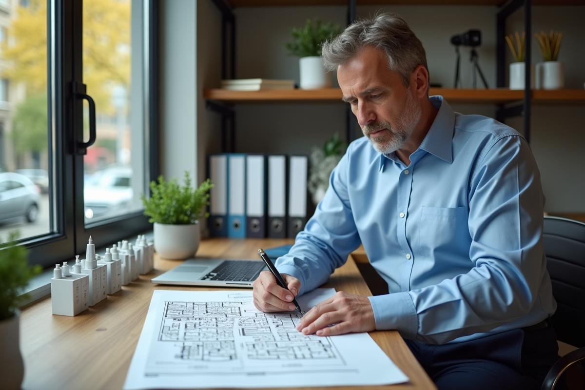 Urbaniste homme examinant des plans d'urbanisme dans son bureau