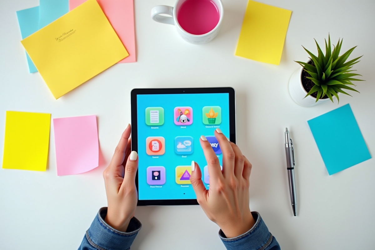 Main utilisant une tablette colorée avec notes et plante