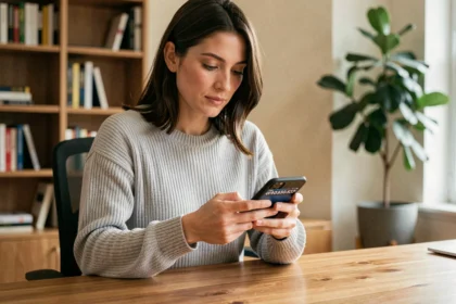 Femme vérifiant un numéro de téléphone en 02 70 sur son smartphone à son bureau
