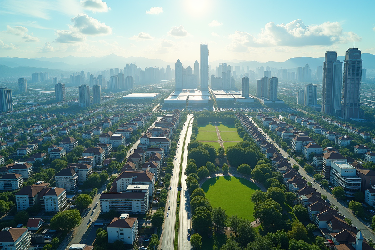 Ville moderne avec zones résidentielles commerciales et industrielles