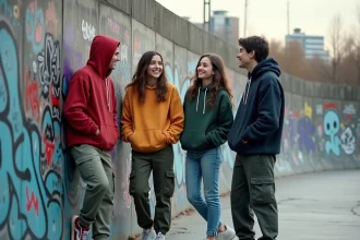 Groupe de teenagers en tenues streetwear échangeant des expressions argotiques devant un mur de graffitis en milieu urbain