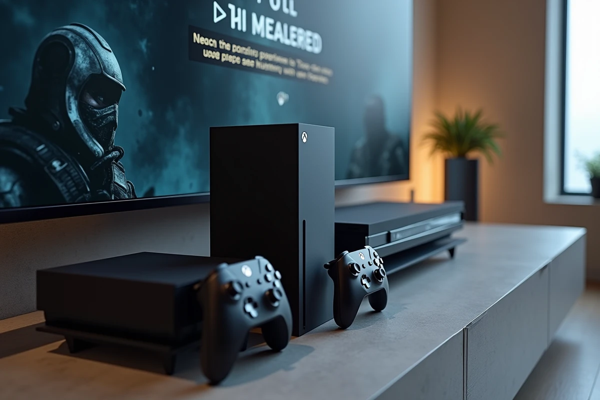 Xbox Series X et PS5 côte à côte avec un jeu Gears of War E-Day dans un salon moderne